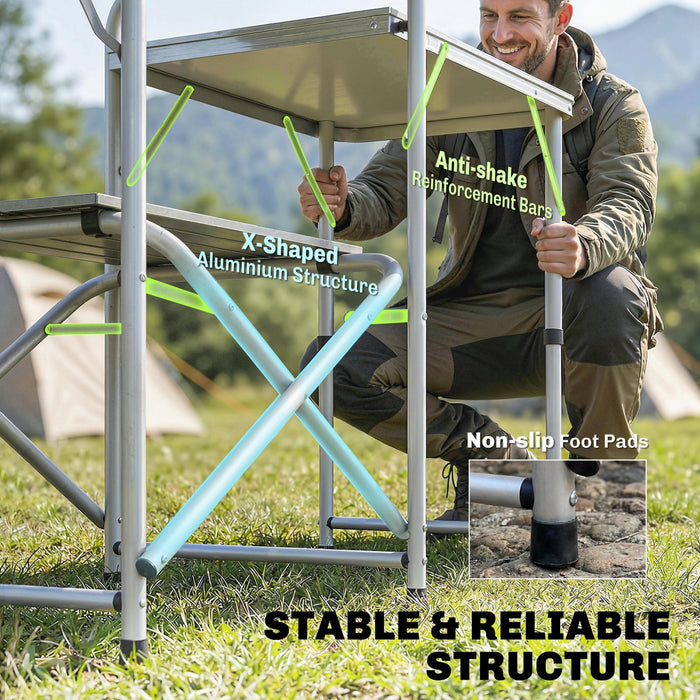 Outsunny Cuisine de camping pliante avec armoires en tissu pare-brise, bleu