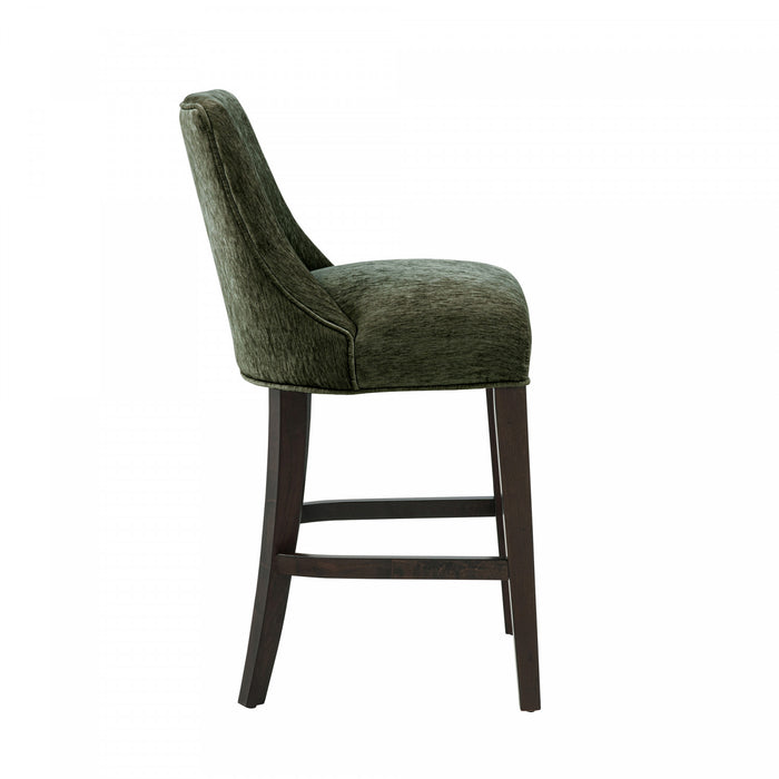Tabouret de comptoir moderne en chenille Beever avec structure en bois, vert foret