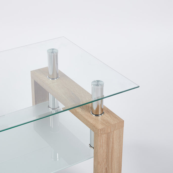 Table basse moderne Lucius au design geometrique en verre trempe avec cadre en metal et verre transparent, naturel