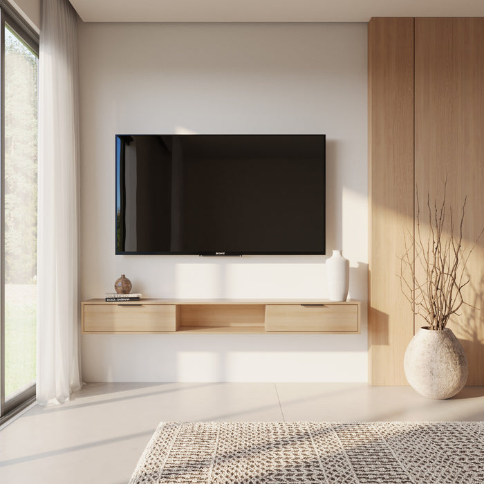 Meuble pour téléviseur mural mince Nordika de 72 po avec 2 armoires de rangement - chêne blond naturel