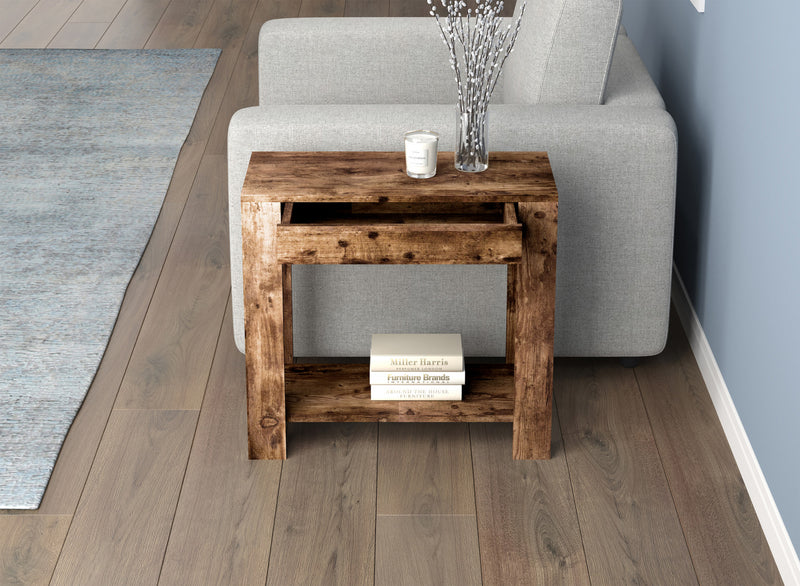 Table d’appoint étroite classique de 24 po avec rangement dissimulé et tablette inférieure - bois recyclé brun