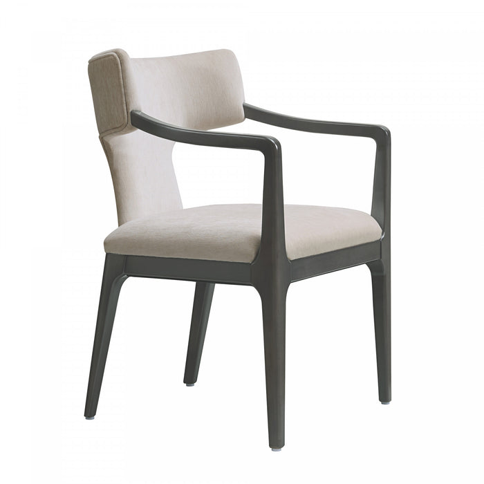 Fauteuil Eloria style moderne du milieu du siecle en bois et en chenille, coloris taupe