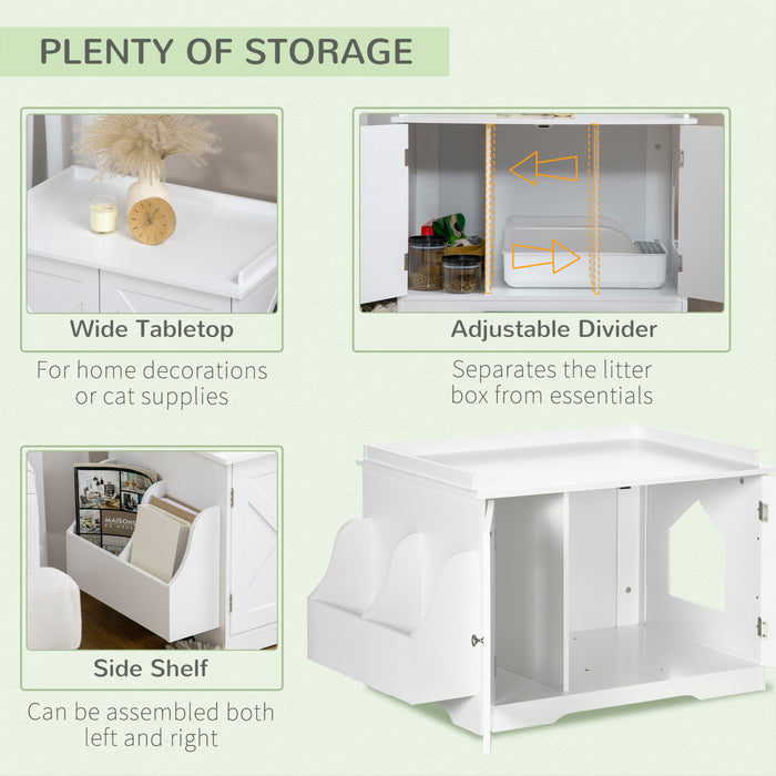 Pawhut Litiere Cachee Enclos De Litiere Meubles De Toilette Pour Chats Avec Rangement, Diviseur Reglable, Table D'appoint Interieure De La Maison Pour Animaux De Compagnie, Blanc