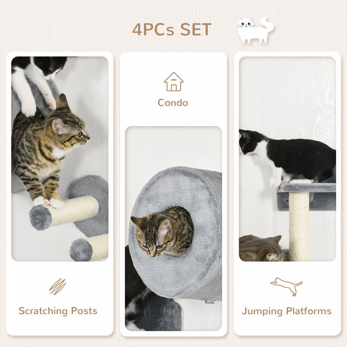Pawhut Etageres Murales Pour Chats 4pcs, Ensemble D'etageres D'escalade Murales Pour Animaux De Compagnie, Centre D'activites Pour Chatons Avec Condo, Coussin, Griffoir, Plate-forme De Saut, Gris