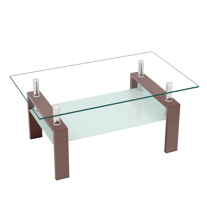 Table basse moderne rectangulaire en verre trempe transparent Liam, finition noyer