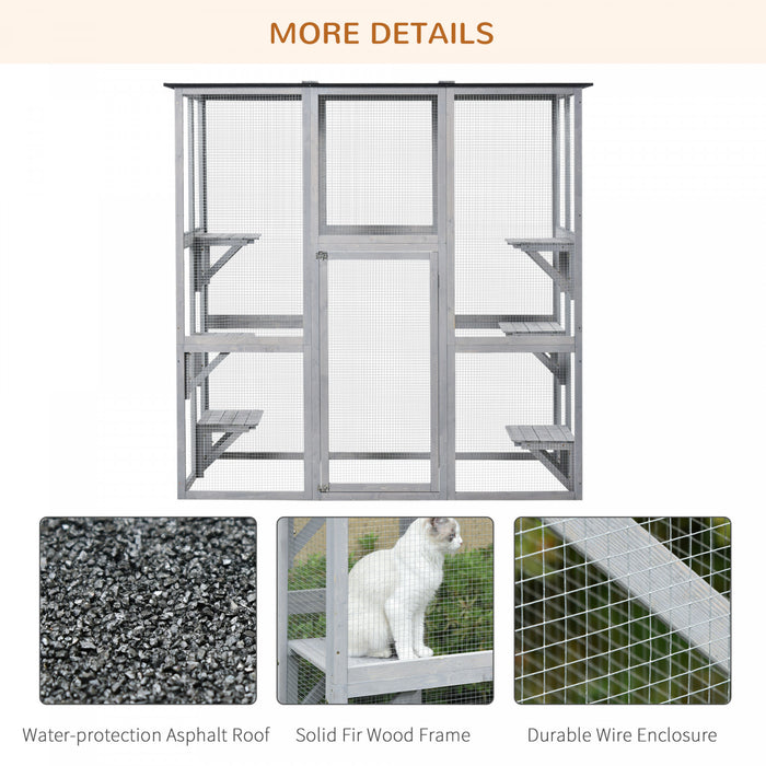 Pawhut Grand Enclos Exterieur Pour Chat, Terrasse En Bois Pour Chat Avec 6 Plates-formes Equilibrees Et Toit En Asphalte, 180 X 99 X 180 Cm, Gris