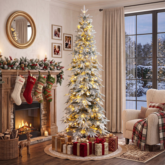 HOMCOM Sapin de Noel enneige pre-eclaire 180 cm, retombant a charnieres