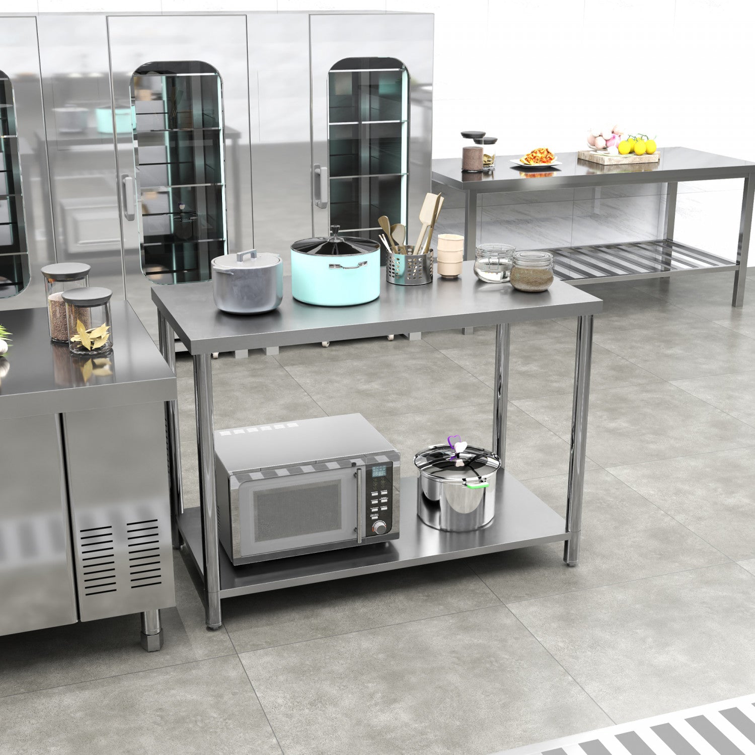 Table de travail robuste à trois niveaux en acier inoxydable pour cuisine commerciale avec étagères de rangement ouvertes et pieds réglables Table de préparation multifonctionnelle idéale pour Table de travail robuste à trois niveaux en acier inoxydable pour cuisine commerciale avec étagères de rangement ouvertes et pieds réglables Table de préparation multifonctionnelle idéale pour