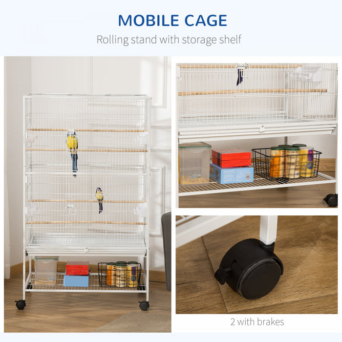 Pawhut 52\" Grande Cage A Oiseaux Roulante En Acier Avec Support Roulant, Etagere De Rangement, Perchoir En Bois, Recipient Alimentaire, Blanc