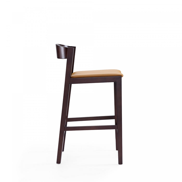 Tabouret de comptoir en bois rembourre style Klismos mi-siecle moderne couleur camel - Lot de 2