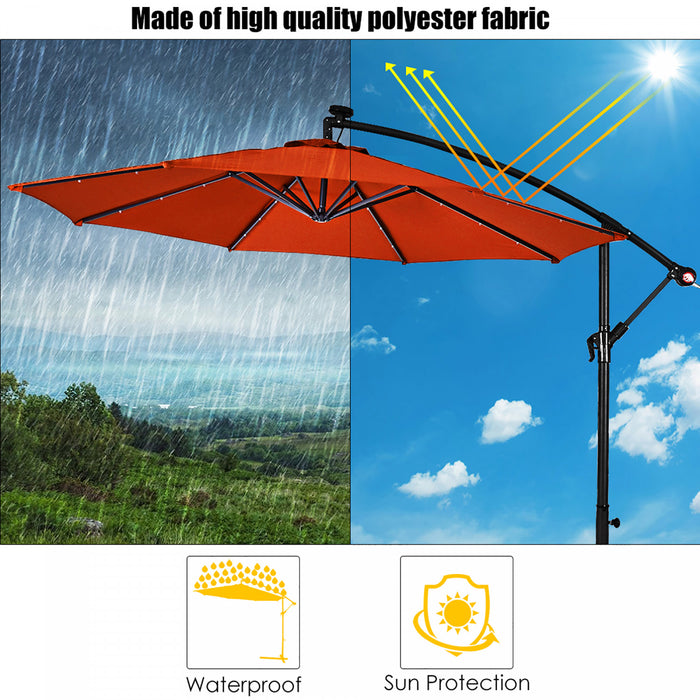 Costway Parasol suspendu solaire LED 10' pour patio, ombre solaire decalee avec base Marche Orange