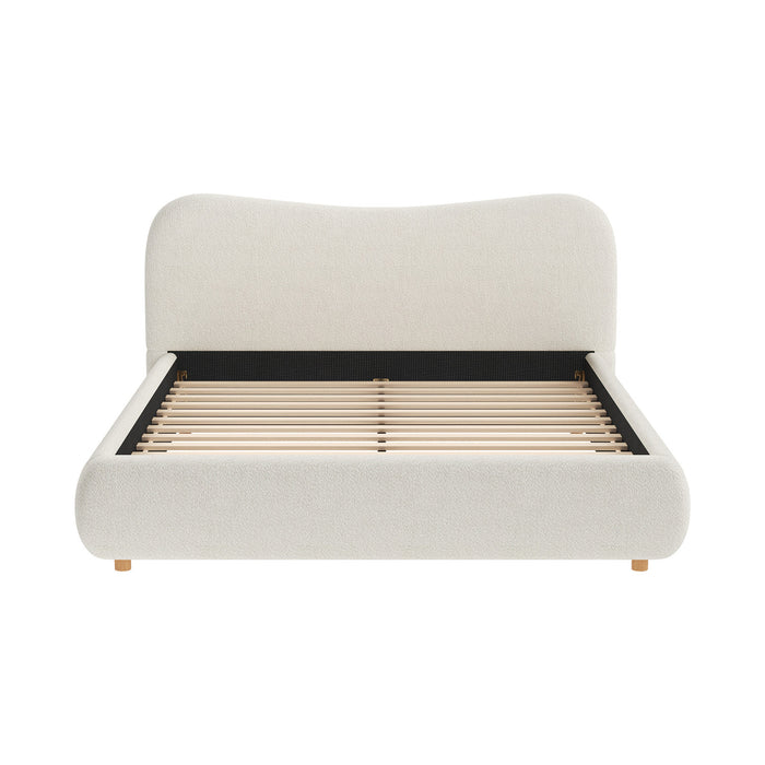 Lit plateforme Camille avec tete de lit incurvee et tapissage boucle luxueux, taille Queen, blanc