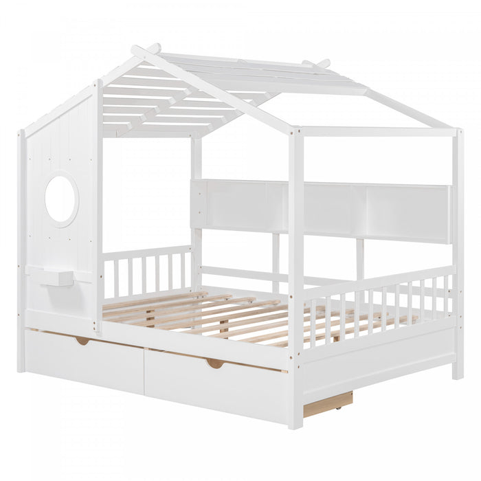 Lit Maison Jeames en Bois avec 2 Tiroirs de Rangement et Etagere, Taille Full - Blanc