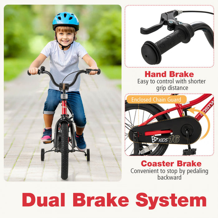 Velo Costway 16\" Pour Enfants Pour Garcons Et Filles De 4 A 7 Ans Avec Reflecteurs Reglables De Frein A Main De Siege Rouge