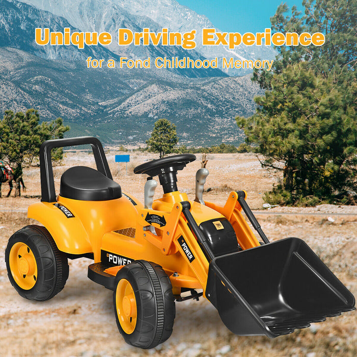 Les Enfants Montent Sur Le Tracteur A Batterie 6v De L'excavatrice W/digging Bucket Jaune