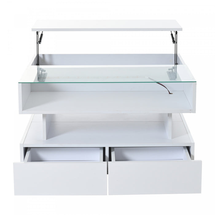 Oliver table basse relevable – table avec eclairage LED et plateau en verre, blanc