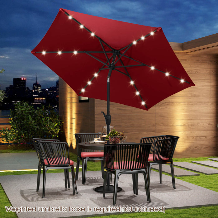 Parasol solaire Costway 7,5 ft avec lumieres LED, inclinaison par bouton-poussoir, manivelle, rouge