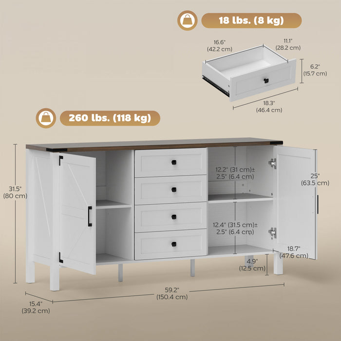 HOMCOM dBuffet e style ferme 59\" avec 2 portes de grange, blanc
