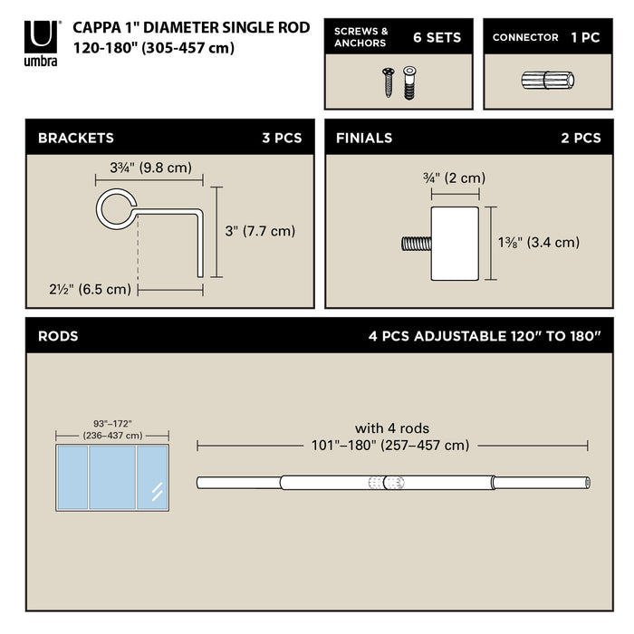  Tringle à rideaux extensible Cappa de Umbra noir mat de 1 po - 120 po à 180 po