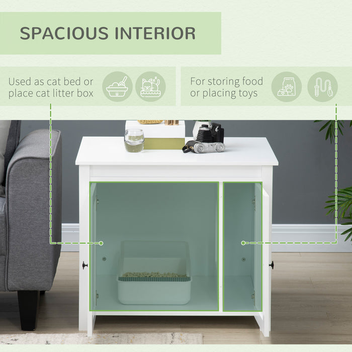Pawhut Boite A Litiere Pour Chat Avec Dessus Ouvrable, Table D'appoint Pour Le Rangement De La Toilette Du Chat Avec Deux Portes, Poignees En Alliage De Zinc, Pour L'interieur, Blanc