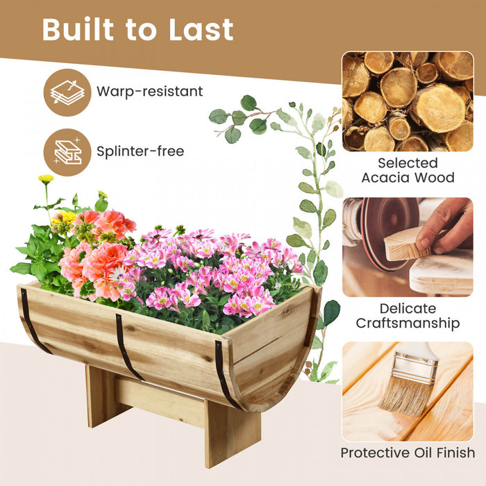 Costway 2 Pcs Exterieur Planteur En Bois Acacia Bois Solide Demi-baril Planteur Boite Avec Jambes