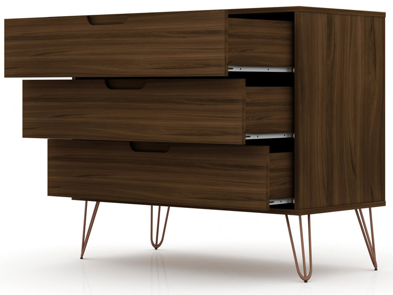 Commode Rockefeller Mid-Century Modern 89 cm en marron chataigne (3 tiroirs) – Lot de 2