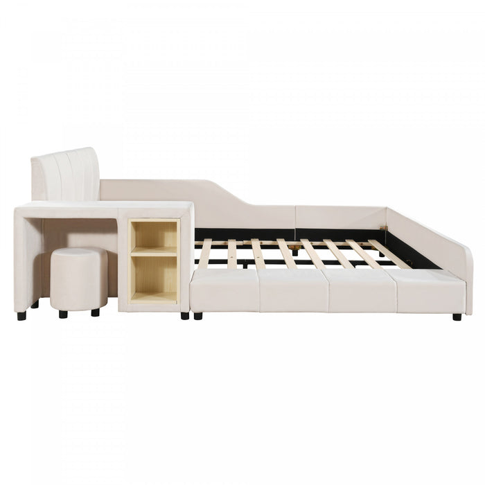 Lit Lily en velours rembourre avec bureau et tabouret, taille Queen, beige