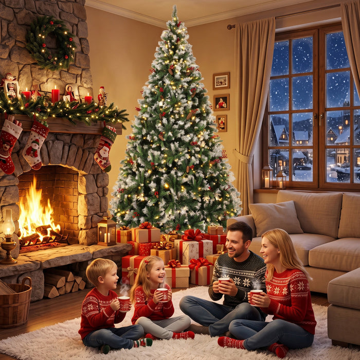 HOMCOM Sapin de Noel enneige 274 cm pre-eclaire, LED bicolores, avec telecommande
