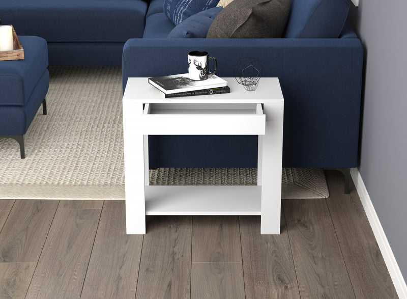 Table d’appoint étroite classique de 24 po avec rangement dissimulé et tablette inférieure - blanche