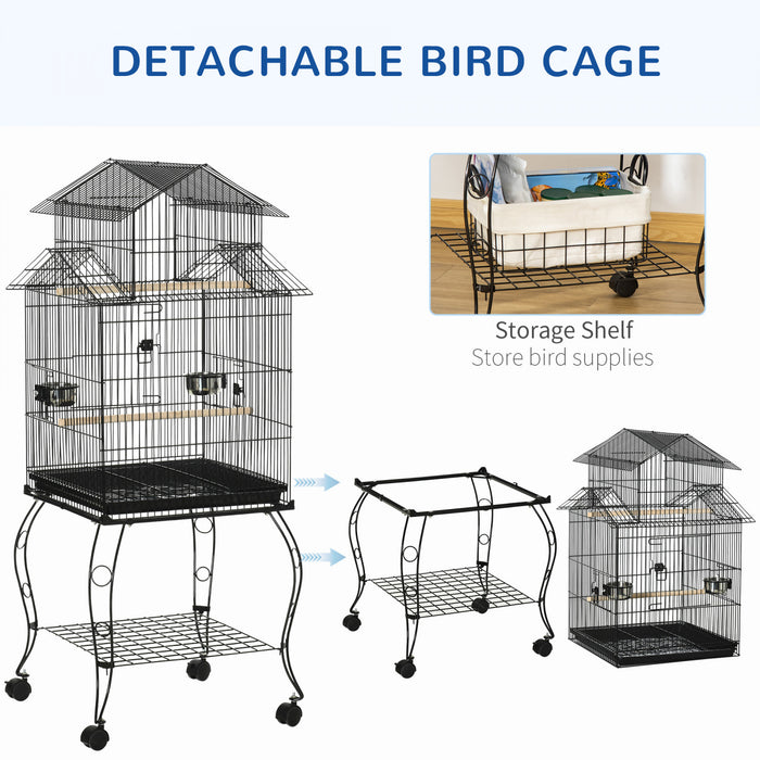 Pawhut 53,9\" Grande Cage A Oiseaux Roulante En Acier Avec Support Roulant Amovible, Etagere De Rangement, Perchoir En Bois, Recipient Alimentaire, Noir