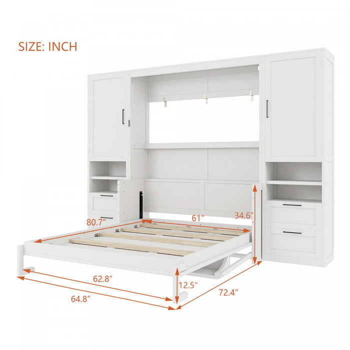 Maria Lit escamotable Murphy avec tiroirs et etageres, Taille Queen, Blanc