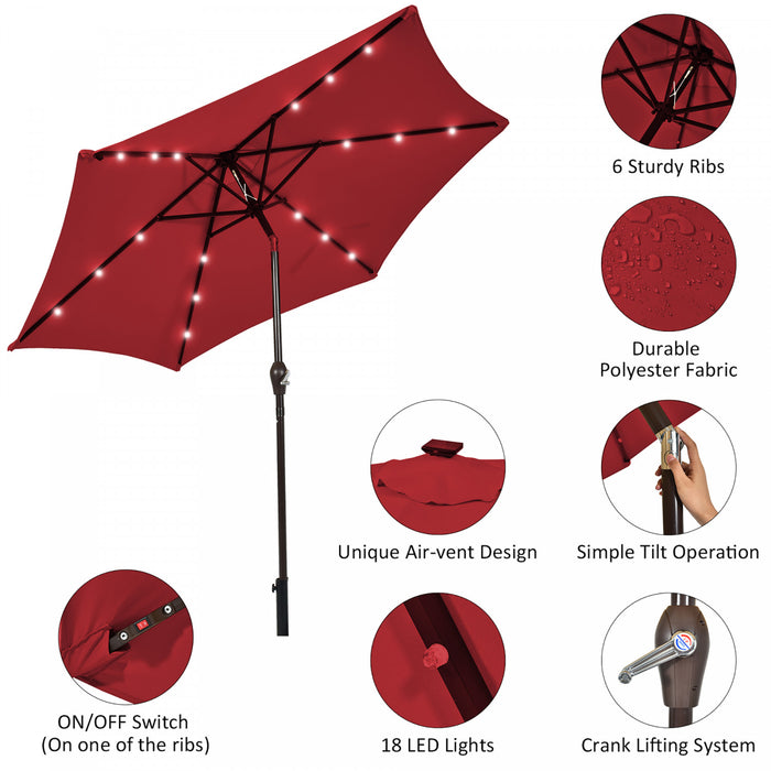 Costway Parasol de marche solaire LED de 9 pieds avec reglage d'inclinaison et manivelle, bordeaux