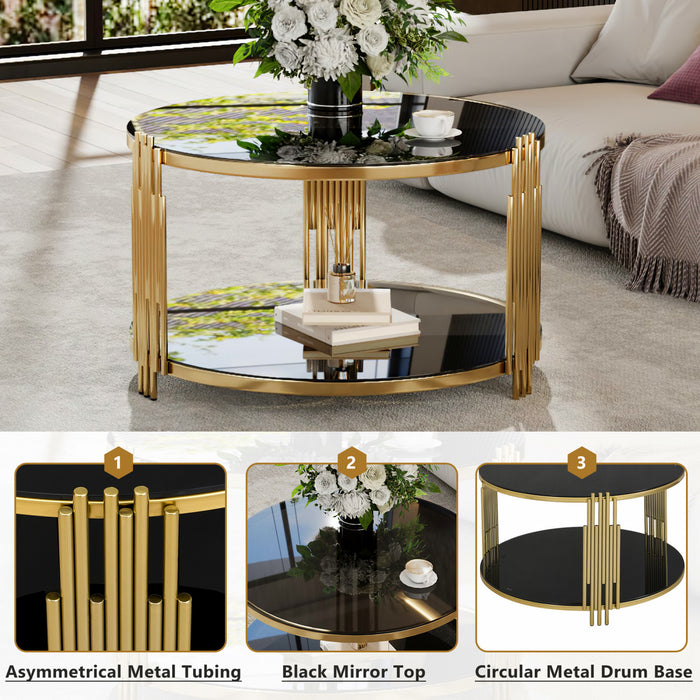Table Basse Ronde Nancy De 31,5\" Avec Plateau Miroir Et Etagere Inferieure, Noire