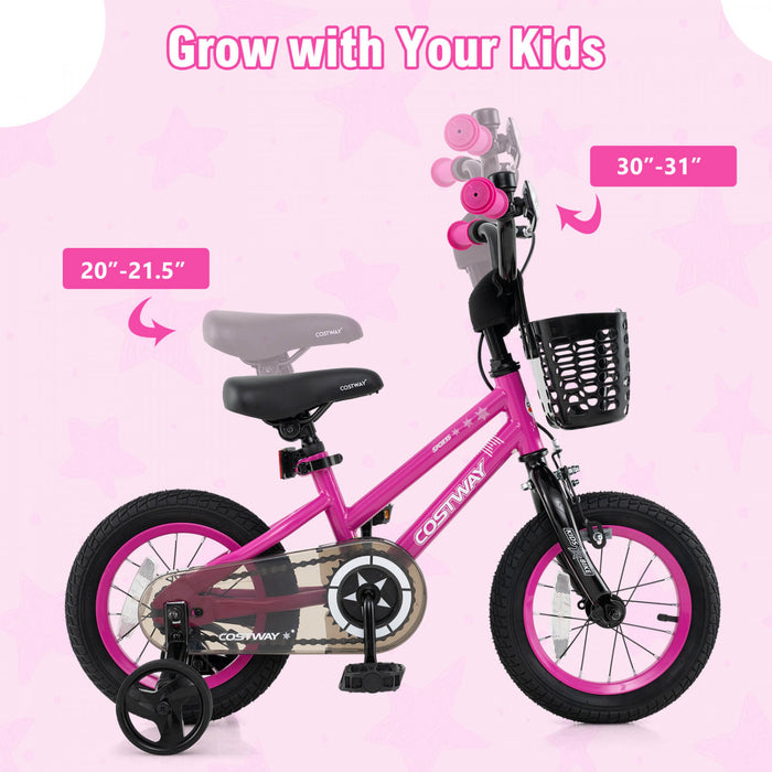 Costway 14\" Velo Pour Enfants Avec Roues D'entrainement Guidon Reglable Et Frein A Main De Siege Rose