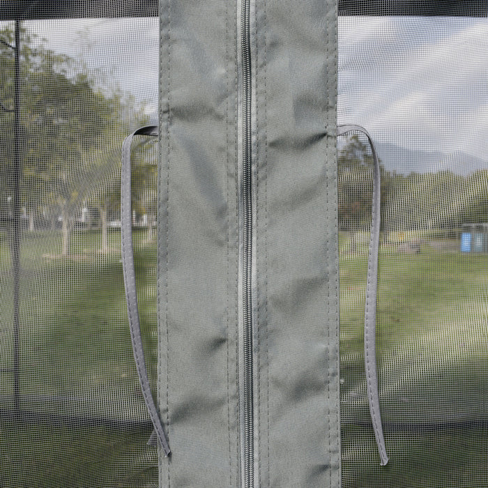 Outsunny 10' X 10' Abri De Jardin En Acier Pour L'exterieur Avec Rideaux En Maille Amovibles, Etageres De Presentation Et Cadre En Acier, Gris