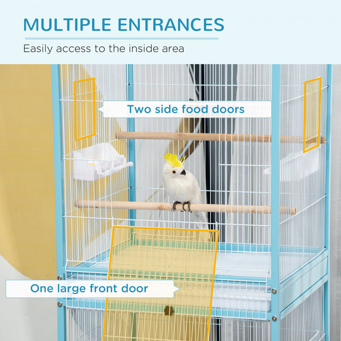Pawhut 55 Pouces 2 En 1 Cage A Oiseaux Voliere Perruche Maison Pour Pinsons, Perruches Avec Roues, Plateaux Coulissants, Perchoir En Bois, Recipients Alimentaires, Bleu Clair