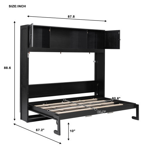 Lit escamotable Ethan en bois massif avec armoires de rangement, taille queen, noir