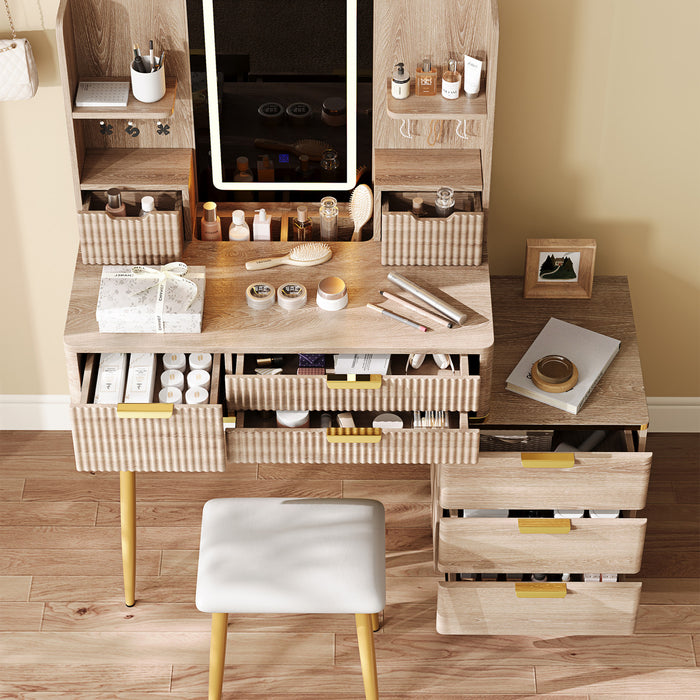 Victoria Ensemble de coiffeuse 7 tiroirs avec miroir LED et pieds en metal, Brun Jaune
