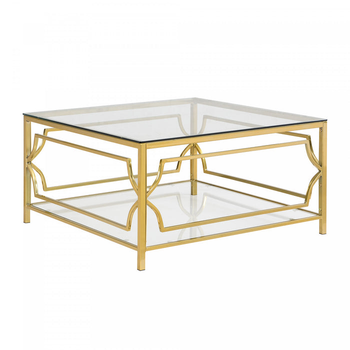 Gleam Table Basse Carree en Verre Trempe 33.5 po avec Cadre Geometrique Dore et Etagere Inferieure, Transparent