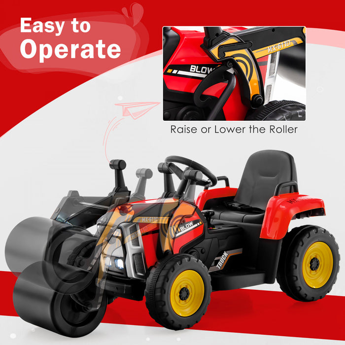 Costway Enfants Rouler Sur La Route Rouleau 12v Tracteur Electrique A Distance W / Musique & Led Lumiere Rouge