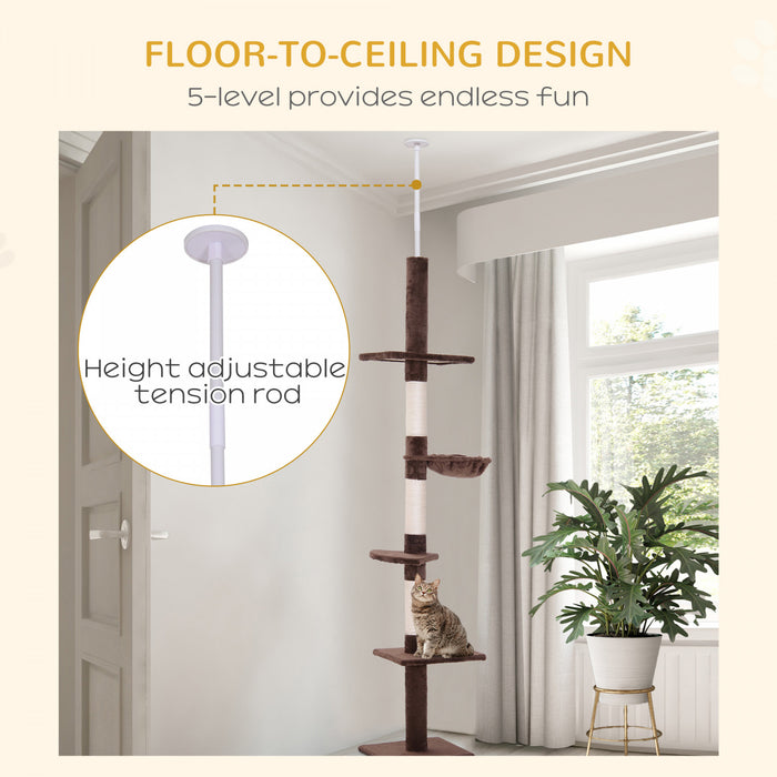 Pawhut 8.5ft Chat Escalade Arbre 5 Niveaux Kitty Centre D'activites Du Sol Au Plafond Chat Grimpeur Jouet Avec Grattoir Jouer Repos Post Meubles Pour Animaux De Compagnie Marron