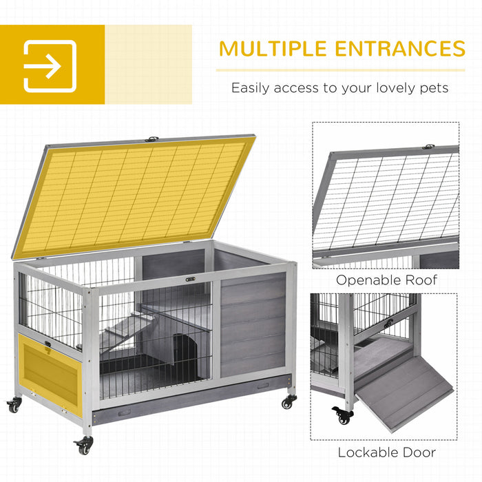 Pawhut Huche D'interieur En Bois Pour Lapin Avec Cage Surelevee Avec Enclos Ferme Avec Roues, Ideal Pour Les Lapins Et Les Cochons D'inde