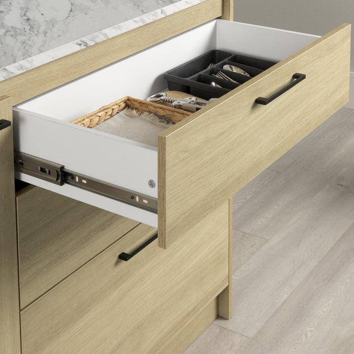 Myro Ilot De Cuisine Avec Porte Et Tiroirs - Faux Marbre Blanc Et Chene Blond