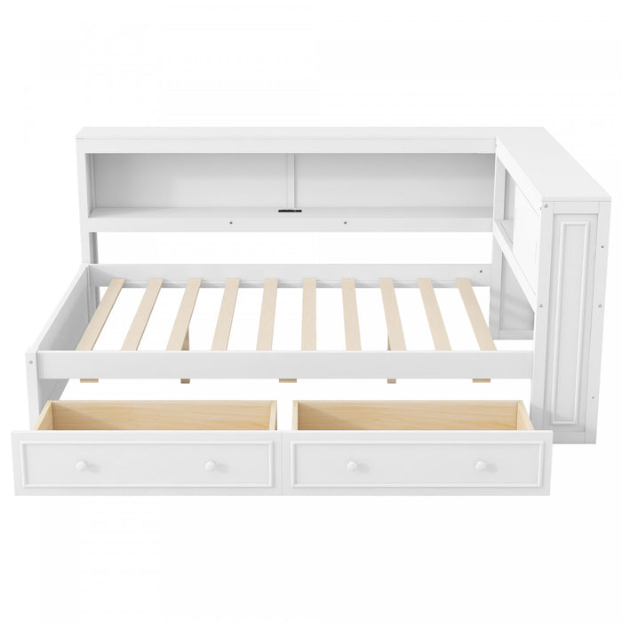 Lit de jour Arthur en bois format Full avec LED, port USB et 2 tiroirs de rangement, blanc
