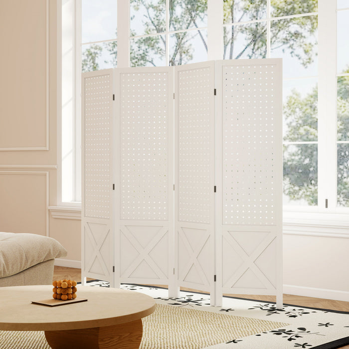HOMCOM Paravent a 4 Panneaux avec Panneau Perfore pour Interieur, Blanc