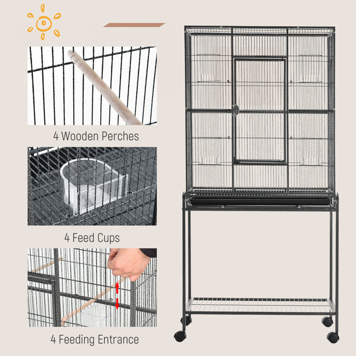 Cage A Oiseaux Portable Avec 4 Mangeoires Et 4 Perchoirs Pratique 81 X 48 X 163 Cm Noir Et Gris