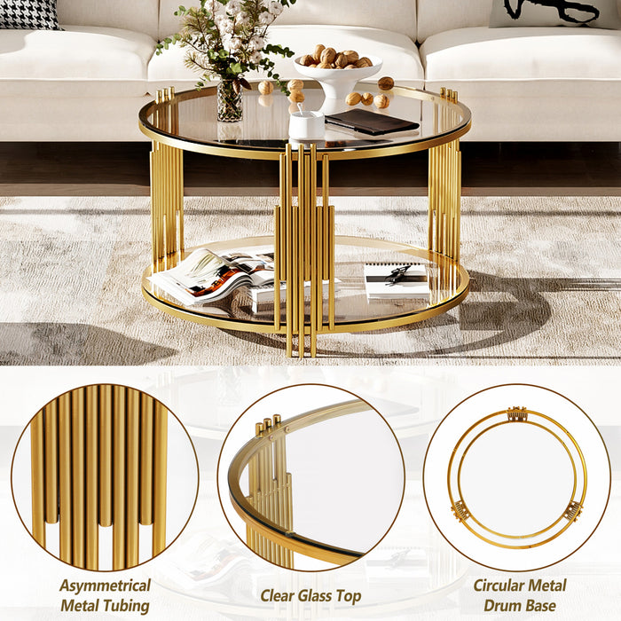 Table Basse Ronde Jonas De 31,5\" En Verre Trempe Avec Etagere Inferieure, Transparente