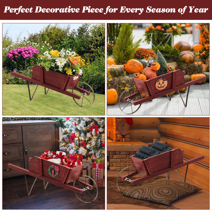 Chariot De Fleur Rustique Interieur/exterieur Decoratif De Planteur De Wagon En Bois Costway Avec Roue Rouge