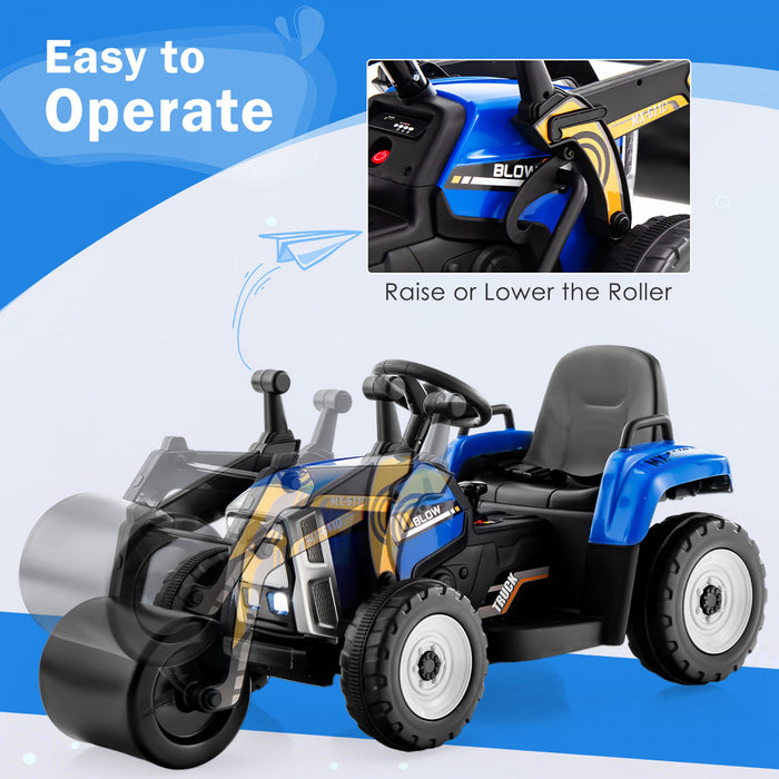Vehicule De Construction Voiture Electrique Enfants, 2 Modes De Conduite, Avec Telecommande Effets Sonores Lumineux, Rouleau-compresseur Bulldozer, Jouet Enfant 3+ Ans, 113x51x52 Cm, Charge 30 Kg, Bleu/rouge/jaune