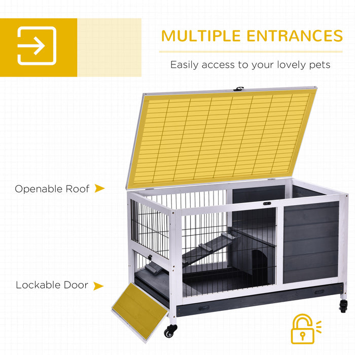 Pawhut Clapier D'interieur En Bois Pour Lapin Avec Cage Surelevee Avec Enclos Ferme Avec Roues, Ideal Pour Lapins Et Cochons D'inde, Blanc